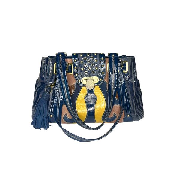 1980s Original by Sharif LEATHER & SUEDE HANDBAG Blue Brown Shoulder Purse Y2k - Picture 2 of 10